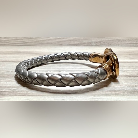 Silver Colored Leather Pave Crystal Cobra Wrap Gray Leather Bracelet, Magnetic - Picture 4 of 6